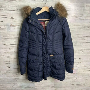 Navy Khujo Winter Parka Jacket  size small blue puffer faux fur
